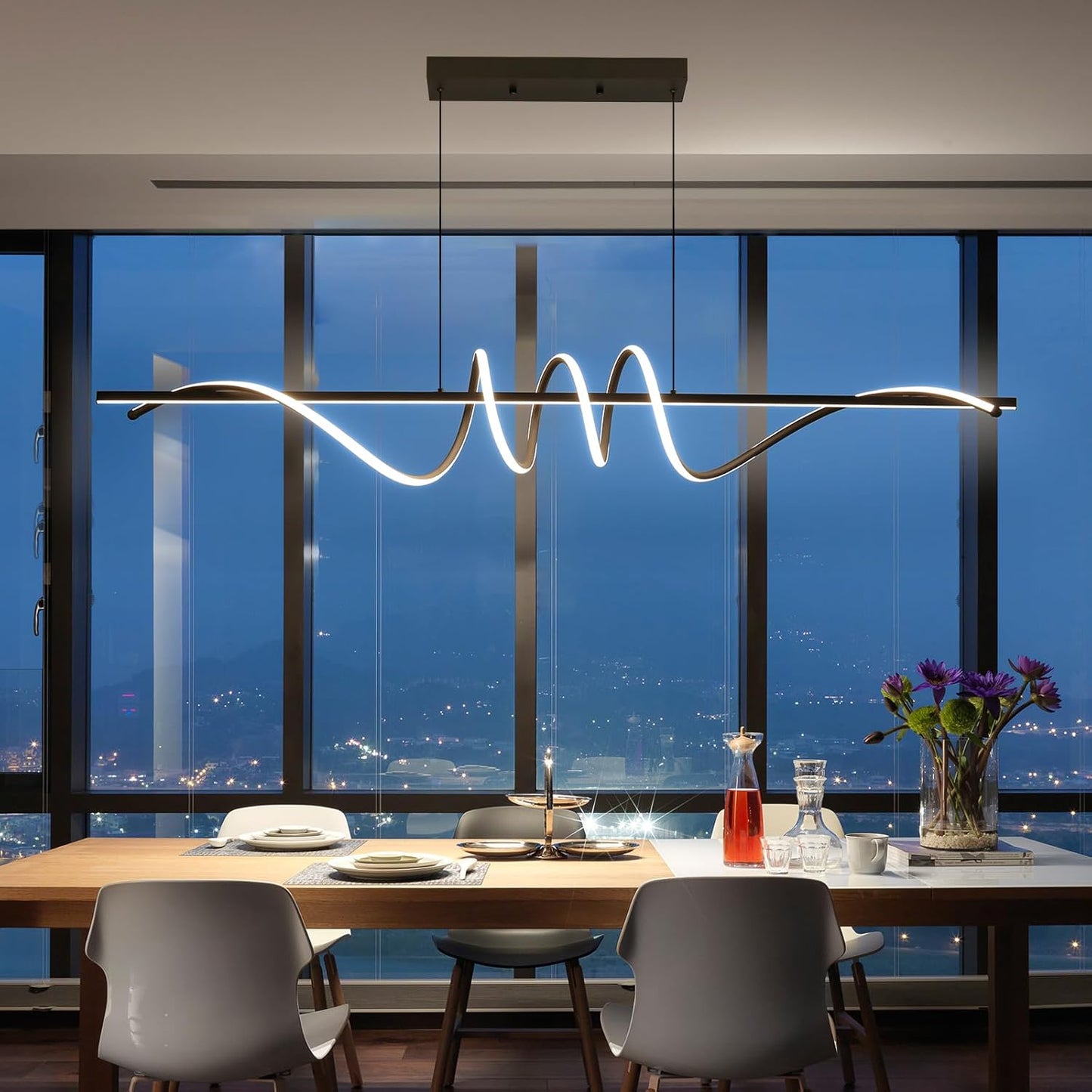 Modern Ceiling Chandelier Light, Acrylic Anti Flicker Pendant Lamp with Remote Control Dimmable 3 Color Mode & Brightness (Warm Cool Neutral Light) for Kitchen Bar（Black,57IN