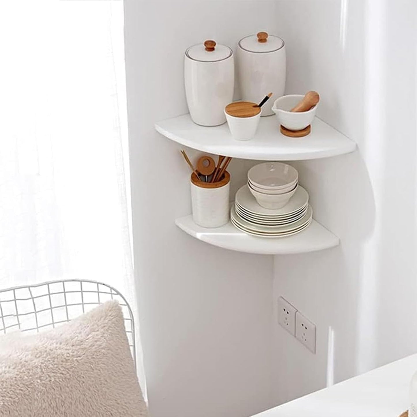 Corner Shelves, Floating Corner Shelf, Set of 2 White Solid Oak Wood Wall Shelves, Round End Wall Mount with Wire Hole Shelving for Small Plant for Bedroom Kitchen, Living Room 8.7"