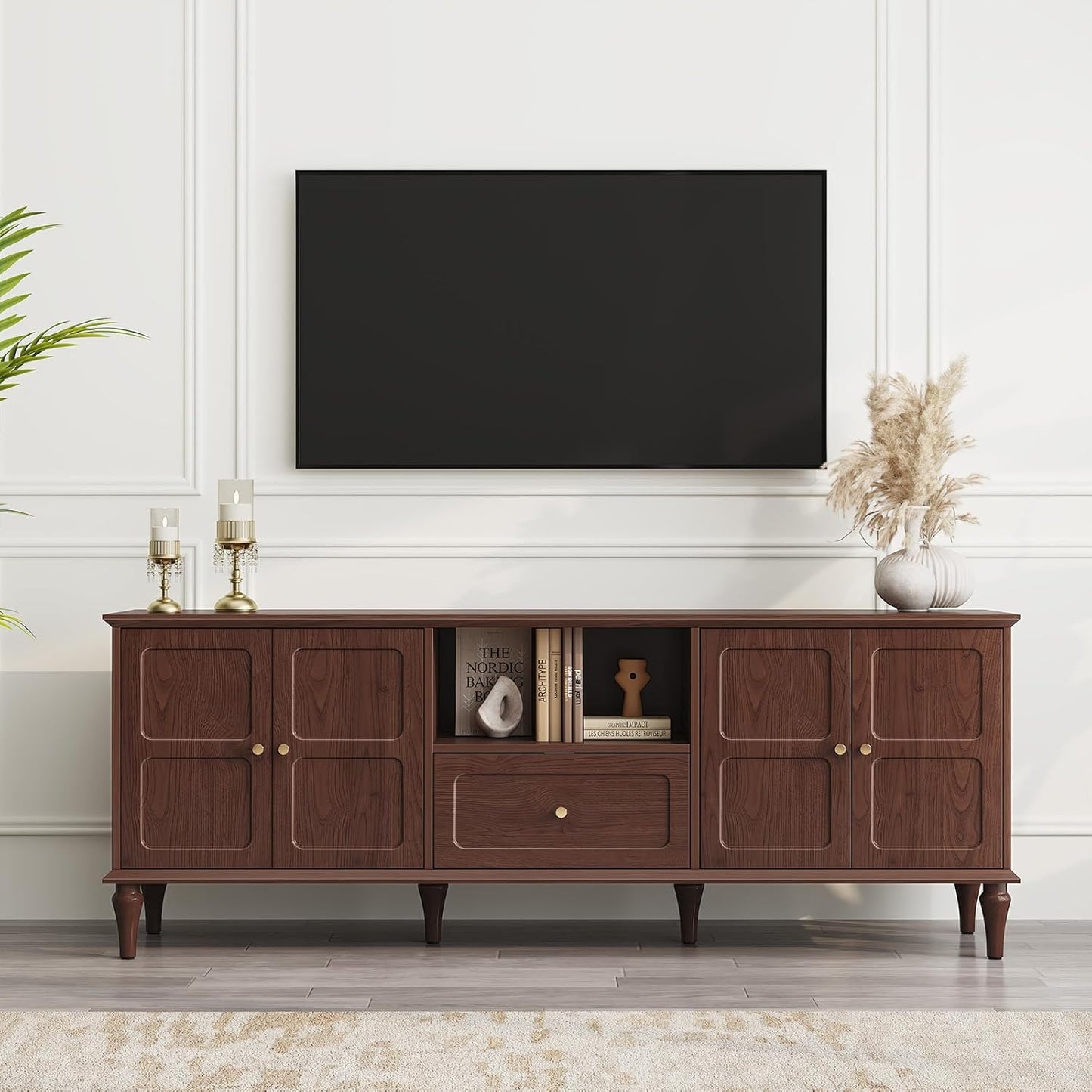 ARTPOWER 67'' Mid-Century Modern TV Stand with Storage Drawer and Doors, Long TV Stand with Adjustable Shelves for 75 Inch TV for Living Room, Bedroom, Brown