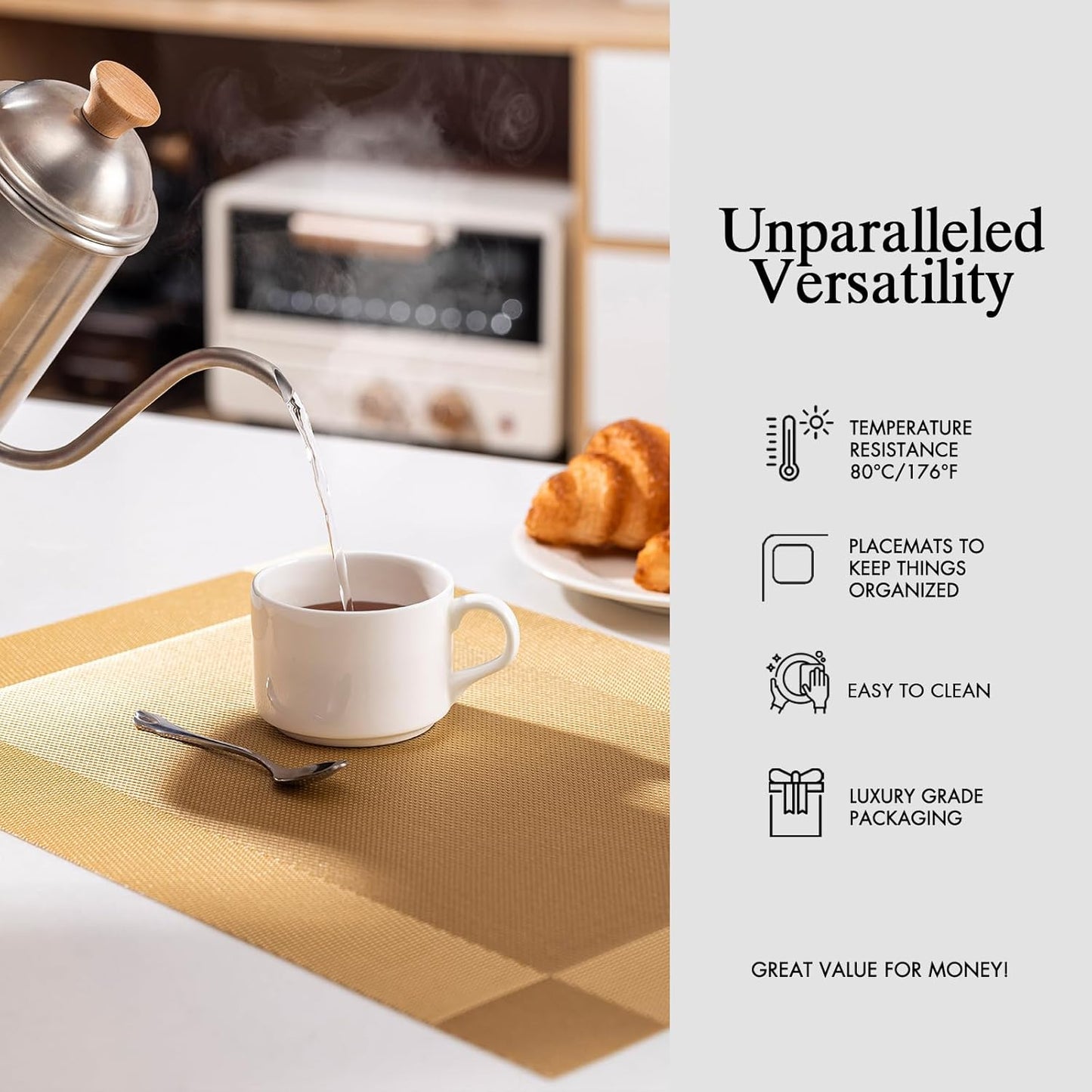 Placemats Set of 6 - Easy Clean Woven Vinyl Placemats for Dining Table, Indoor/Outdoor Place Mats, Washable PVC Table Mats（Gold Cube）