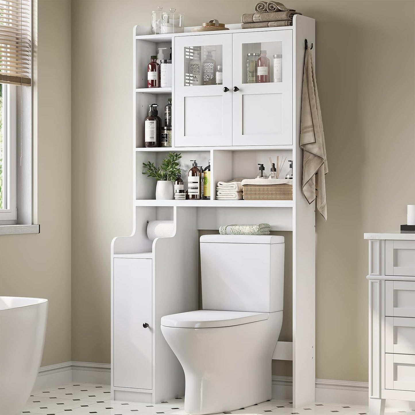 Itaar Over The Toilet Storage Cabinet, Over Toilet Bathroom Organizer with Glass Doors & Toilet Paper Holder Stand, Home Space-Saving Toilet Rack, for Bathroom, Restroom, Laundry(White)