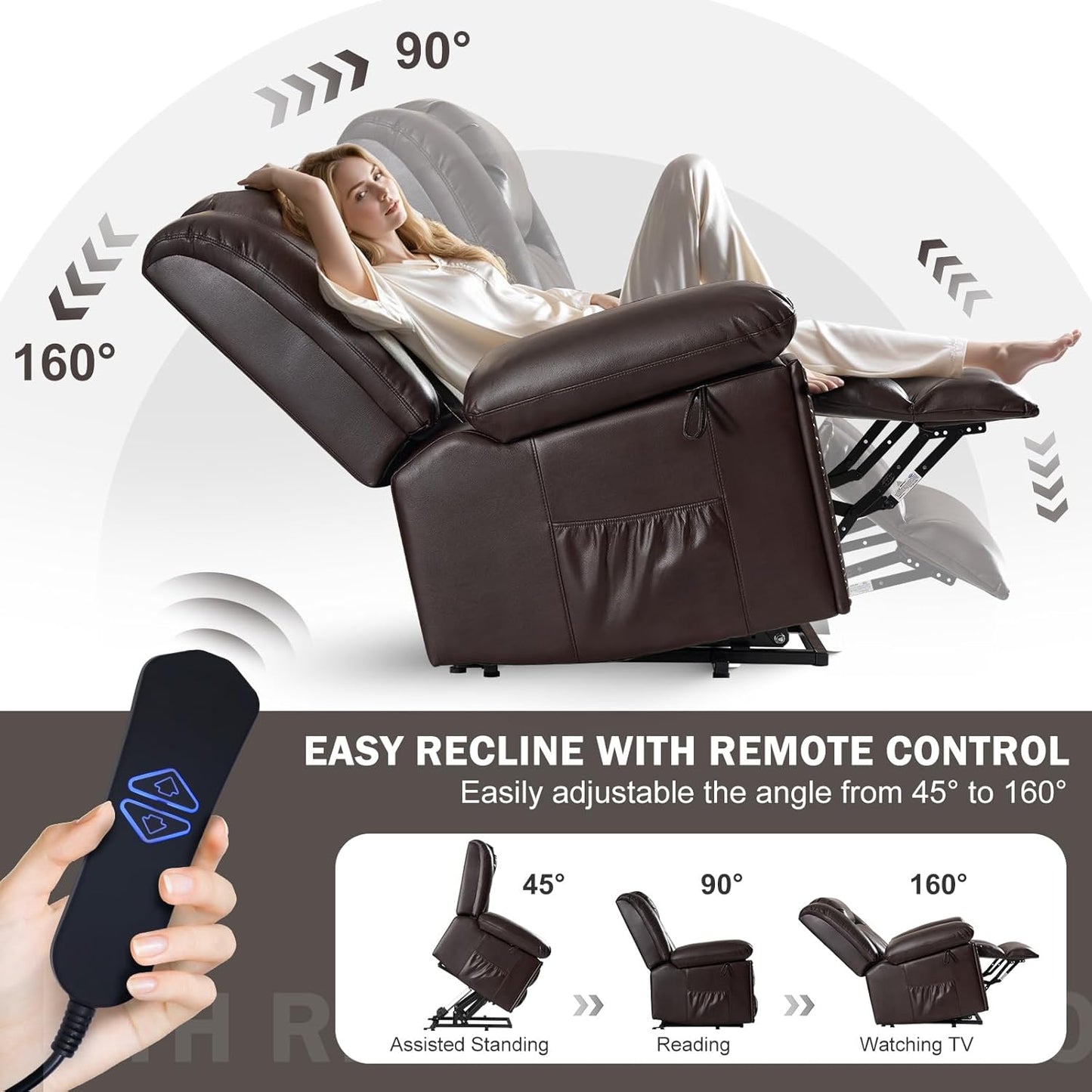 Electric Power Lift Recliner Chair for Elderly with Heat & Massage, Breathable Leather Large Reclining Chairs w/2 Concealed Cup Holders for Seniors Home Living Room,Set of 2,Brown