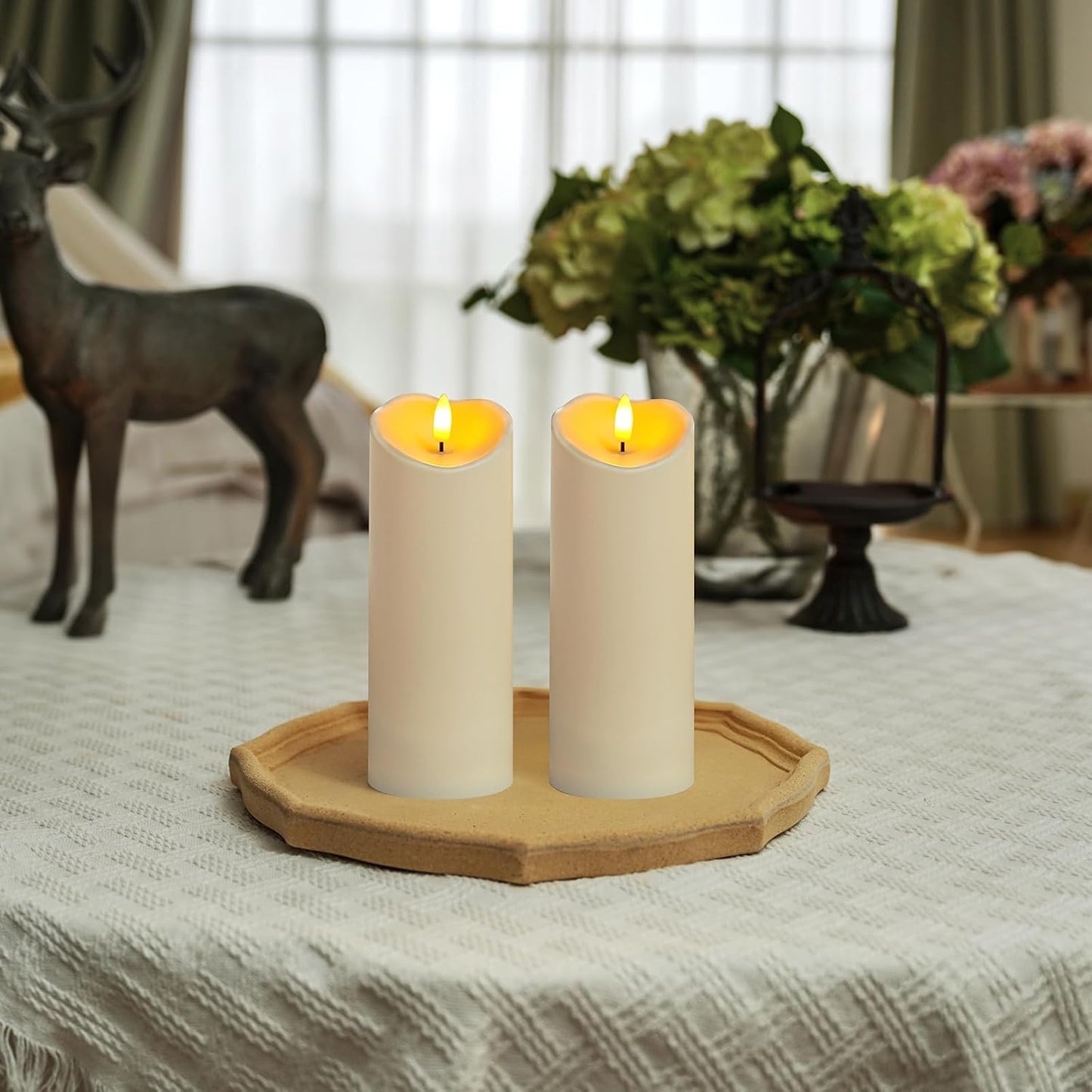 Homemory Outdoor Waterproof LED Candles, Battery Operated with Remote and Timers, Electric Fake Plastic Pillar Candles, Ivory White, Set of 2