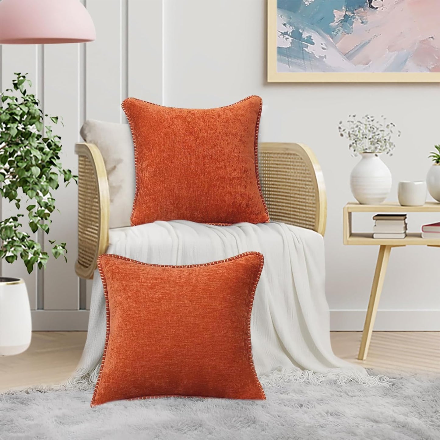 decorUhome Fall Chenille Soft Throw Pillow Covers 20x20 Set of 2, Farmhouse Velvet Neutral Decorative Euro Pillow Covers with Stitched Edge for Couch Sofa Bed Home Decor, Rust