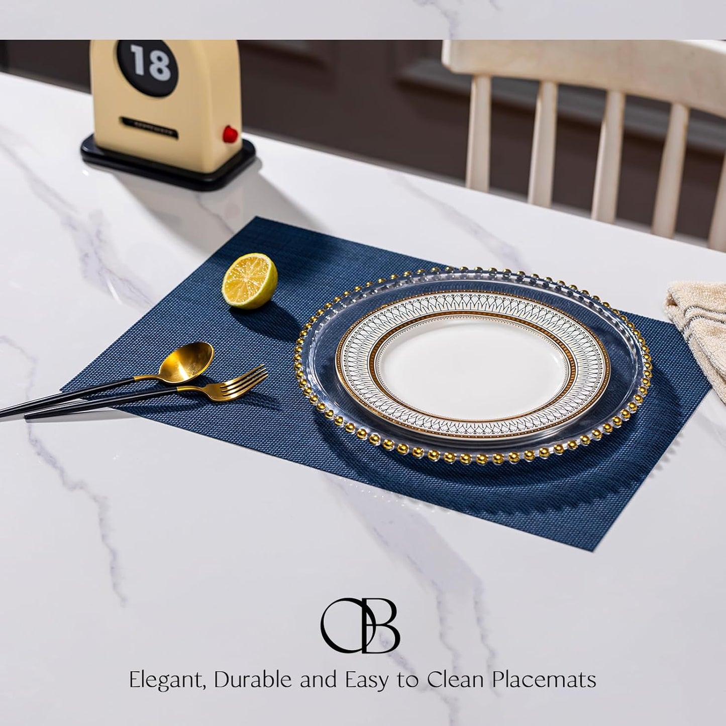 Placemats Set of 12 - Easy Clean Woven Vinyl Placemats for Dining Table, Indoor/Outdoor Place Mats, Washable PVC Table Mats（Navy Blue）