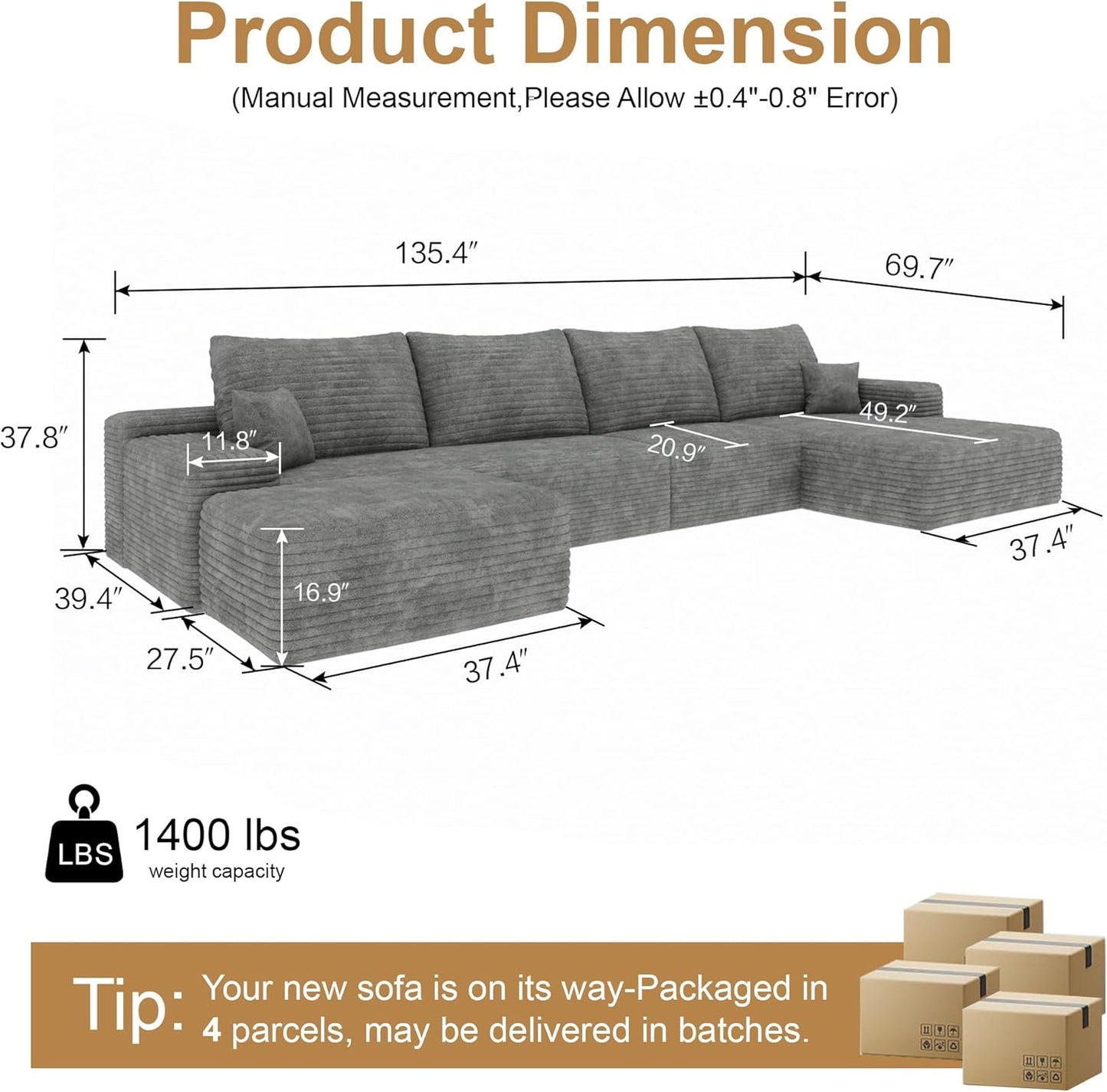 136" Sectional Couches for Living Room Modern Modular Sofa with L-Shape Couchs Upholstered Boneless Couch Deep Seat Sectional Couch with Chaise (Grey, Right Facing Chaise+3Seaters+Ottoman)