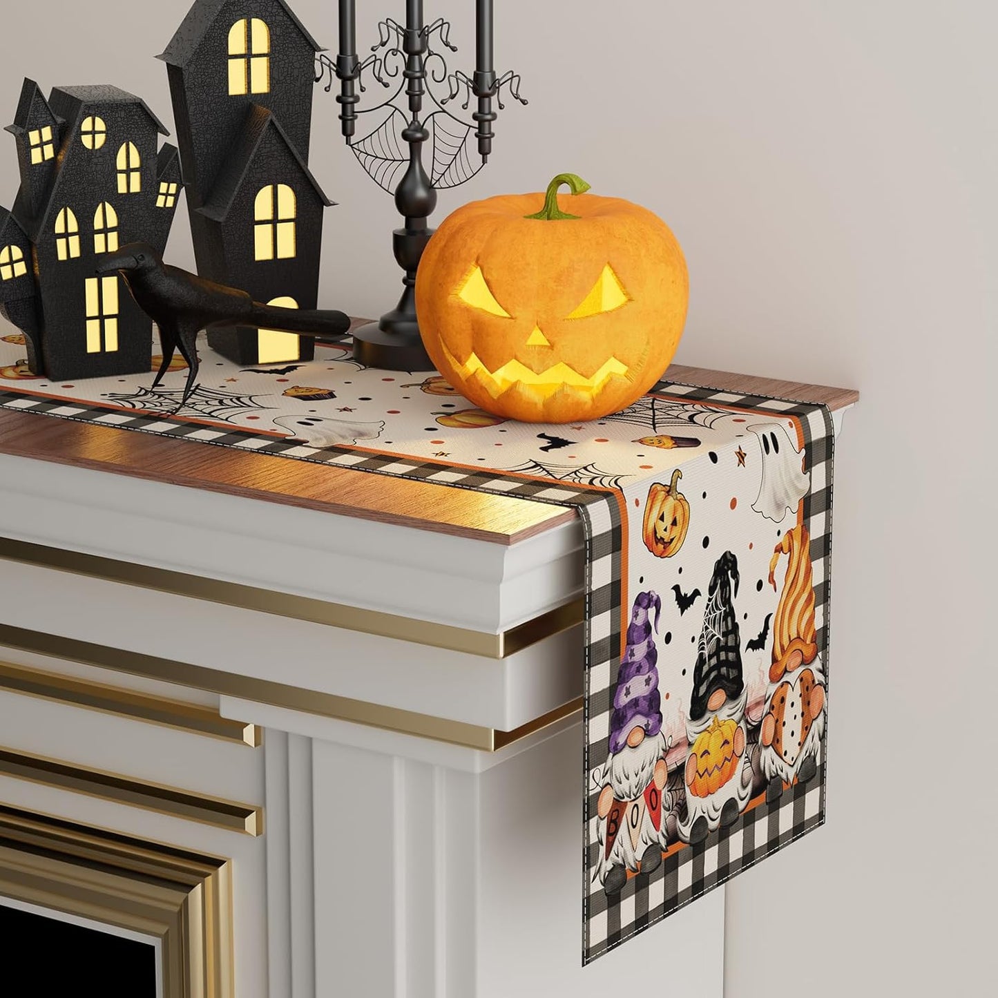XCHI Spooky Boo Plaid Gnome Halloween Table Runner Party Table Decoration for Home Kitchen Dining Holiday Decor 13x48 Inch