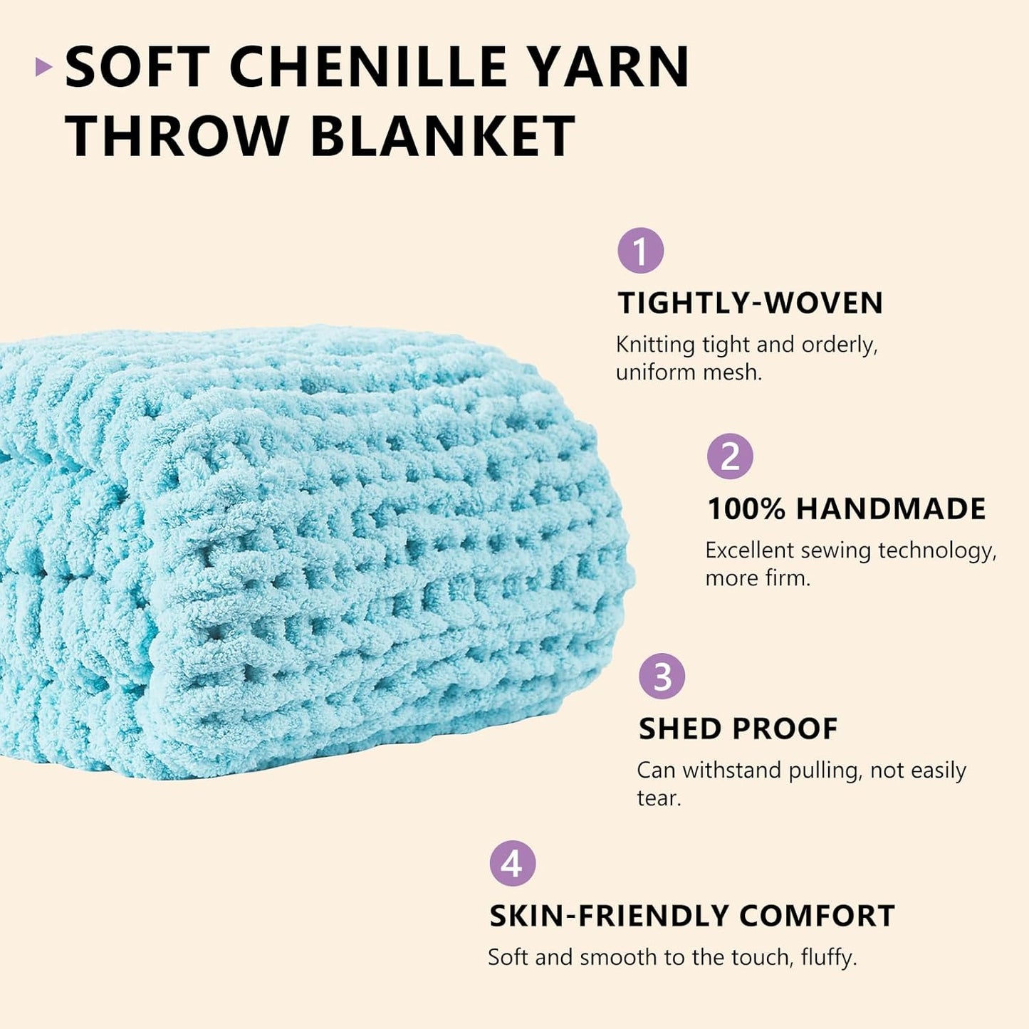 L'AGRATY Chunky Knit Blanket Throw - Soft Chenille Yarn Throw Blanket 30x40：Handmade Thick Cable Knit Crochet Blanket - Large Knit Blanket Chunky Rope Knot Throw Blanket for Couch Sofa Bed Home Decor