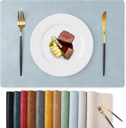 MOSAYT Vinyl Placemats Set of 6-12 X 17 Inch - Faux Leather 100% Waterproof Oil-Proof Wipeable PU Place Mats, Heat Resistant Reversible Table Mats for Kitchen, Dining, Outdoor (Light Grayish Blue)
