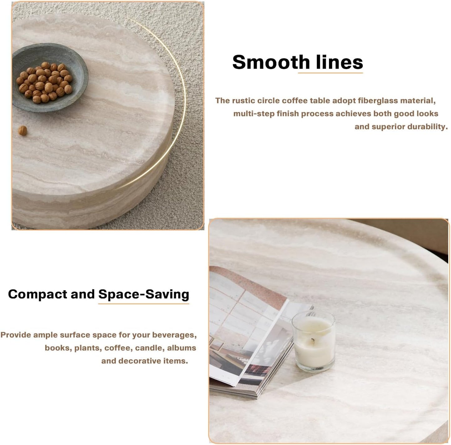 Faux Marble Coffee Table, Modern Round Coffee Table for Living Room, Circle Drum Coffee Side Tables, Fiberglass Center End Table for Small Place Apartment Office (31.49" Marble)