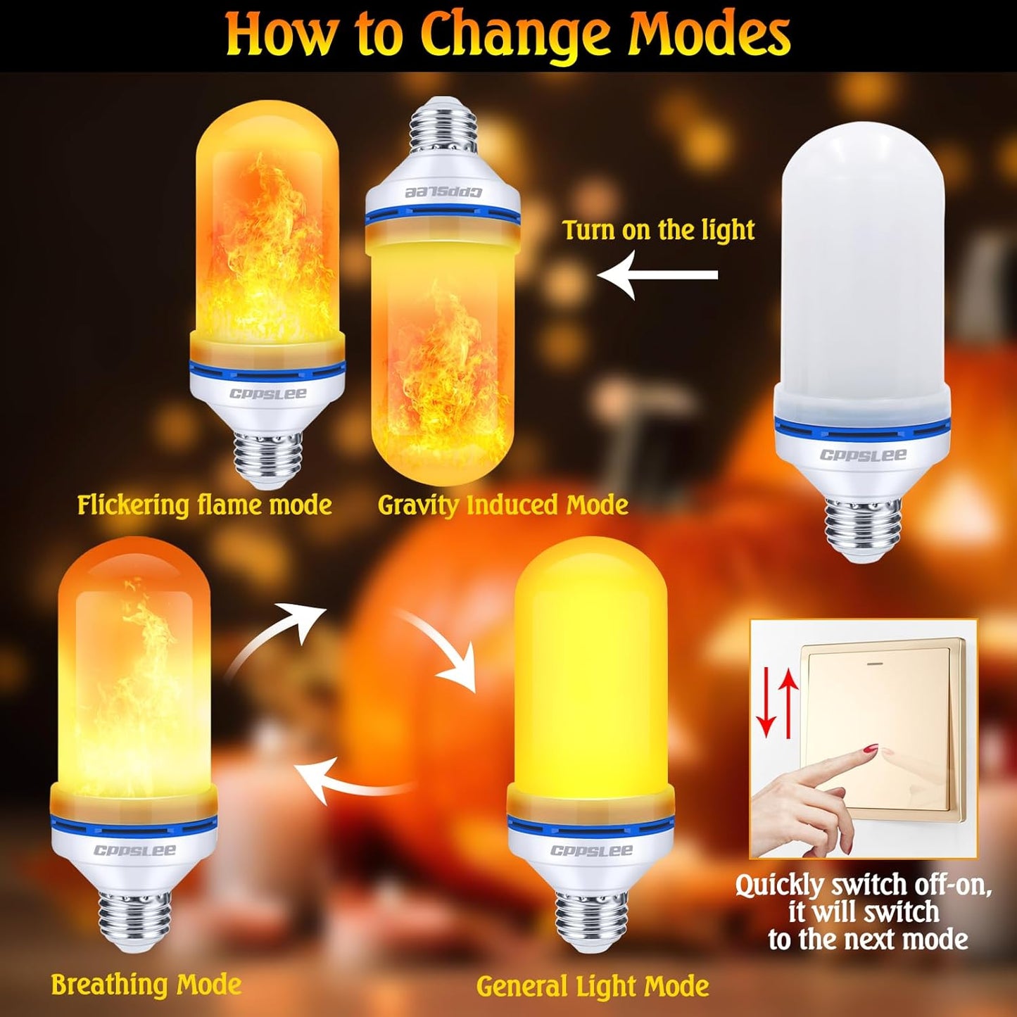 CPPSLEE Upgraded LED Flame Light Bulbs, 4 Modes Flickering Light Bulbs, E26 Base Fire Flame Bulb for Halloween Decorations Outdoor, Christmas Lights Patio Indoor Home Decor (Yellow, 6 Pack)