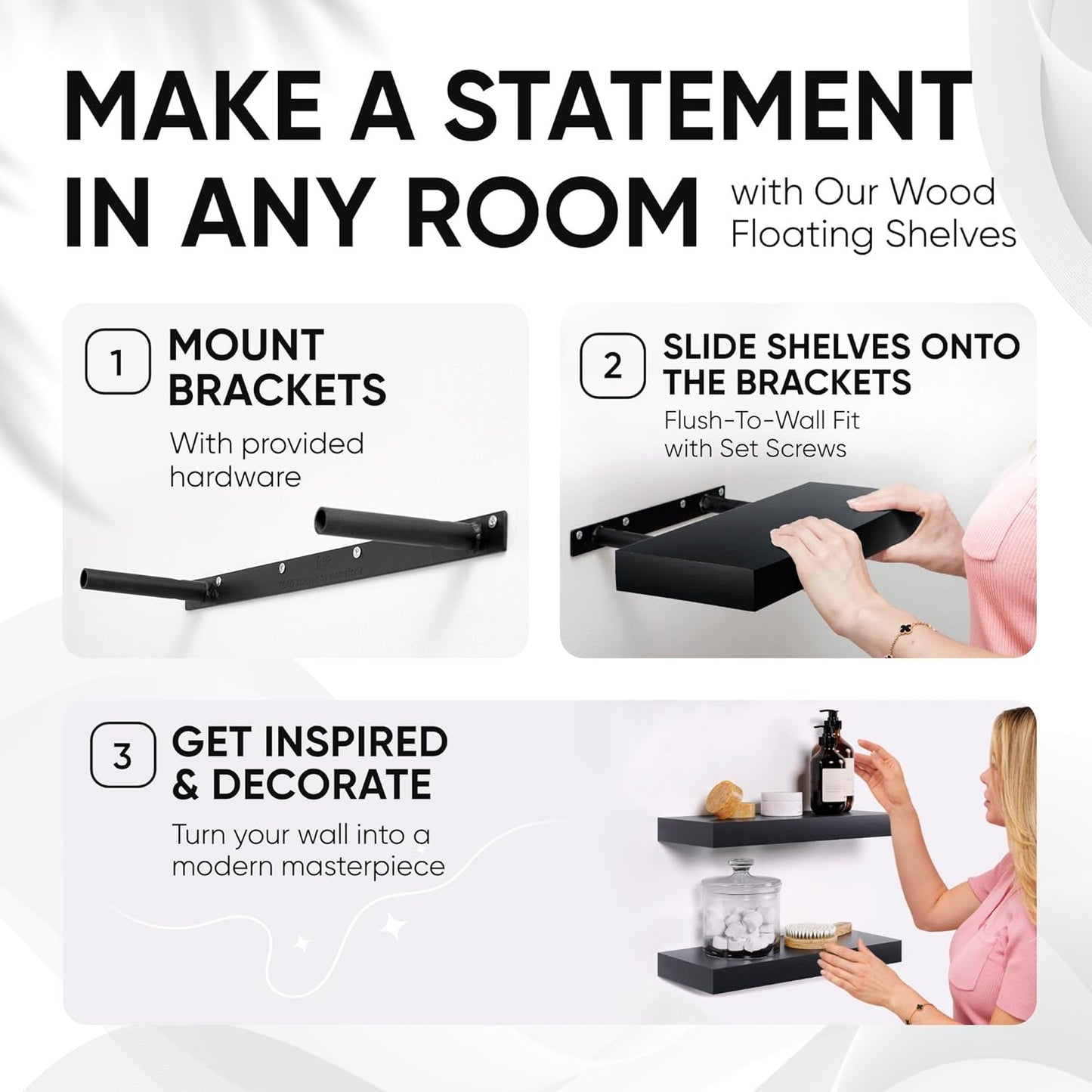 Homeforia 16 inch Black Floating Shelves, High End Solid Real Wood 16inch Bathroom Floating Shelves for Wall Mounted, 16in Wooden Small Floating Shelf, Heavy Duty Bracket, 16 X 6.5 X 1.75 in, Set of 4