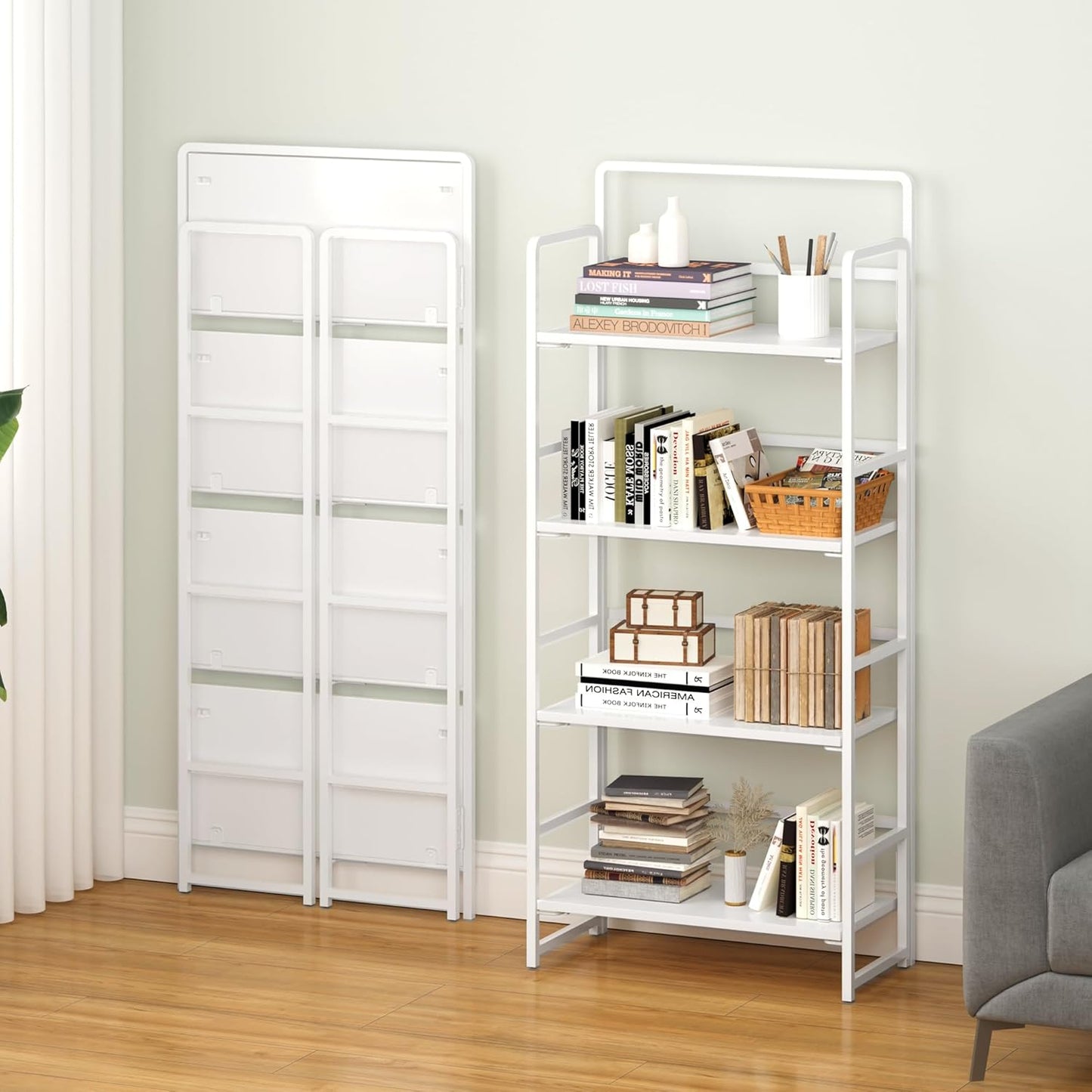 4NM No Assembly Foldable Bookshelf, 4-Shelf Collapsible Bookcase Storage for Small Spaces, 54" H, All White