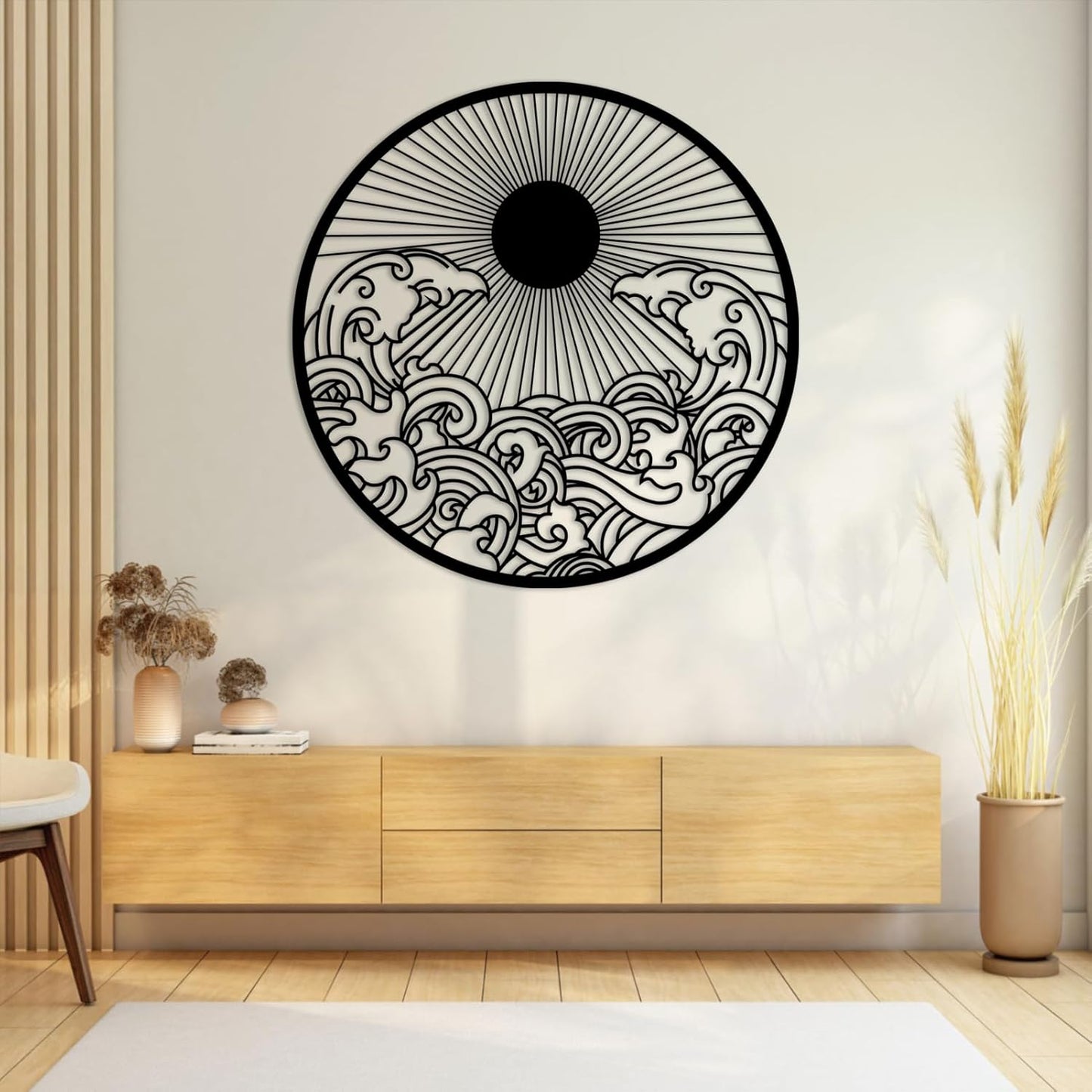 flyoak Metal Sun Wall Decor Outdoor, Sunrise Metal Wall Art, Metal Wave Wall Art, Sunrise and Wave Wall Decor, Sunburst Wall Art, Sunset Wall Art, Wall Hangings for Bedroom (Black, 24x24in|60x60cm)