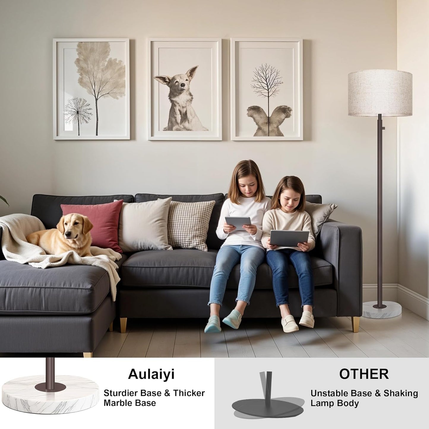 Floor Lamp for Living Room,Dimmable Gold Floor Lamp,Modern Standing Lamp with Marble Base,Tall Standing Lamp for Bedroom, Reading,Office & Kids' Room,LED Bulb Included(Brown)