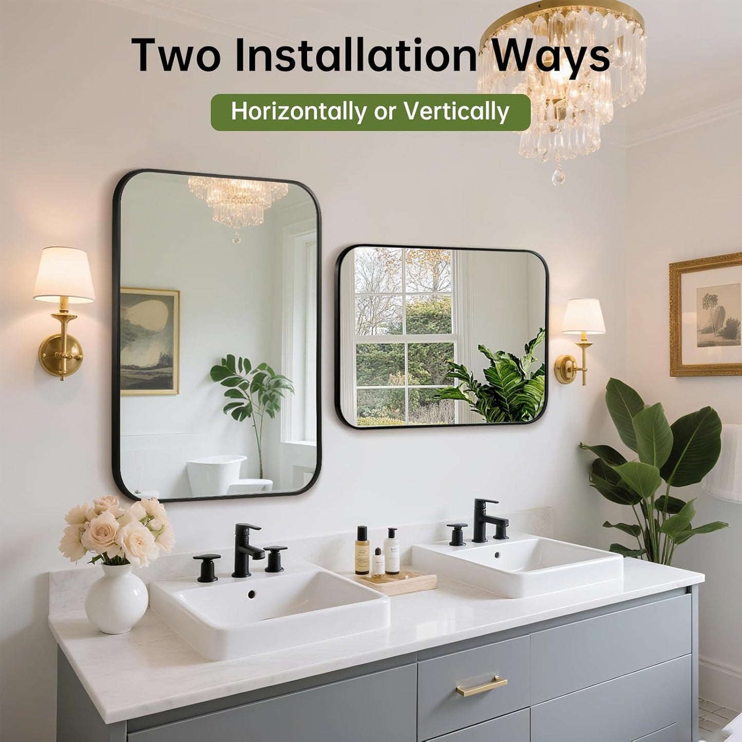 FARMER 20x28 Inch Black Bathroom Mirror, Rectangle Vanity Mirror, Brushed Mirrors for Wall, Metal Frame Hanging Mirror with Round Corner for Bedrooms, Entryways, Living Rooms, Horizontal/Vertical