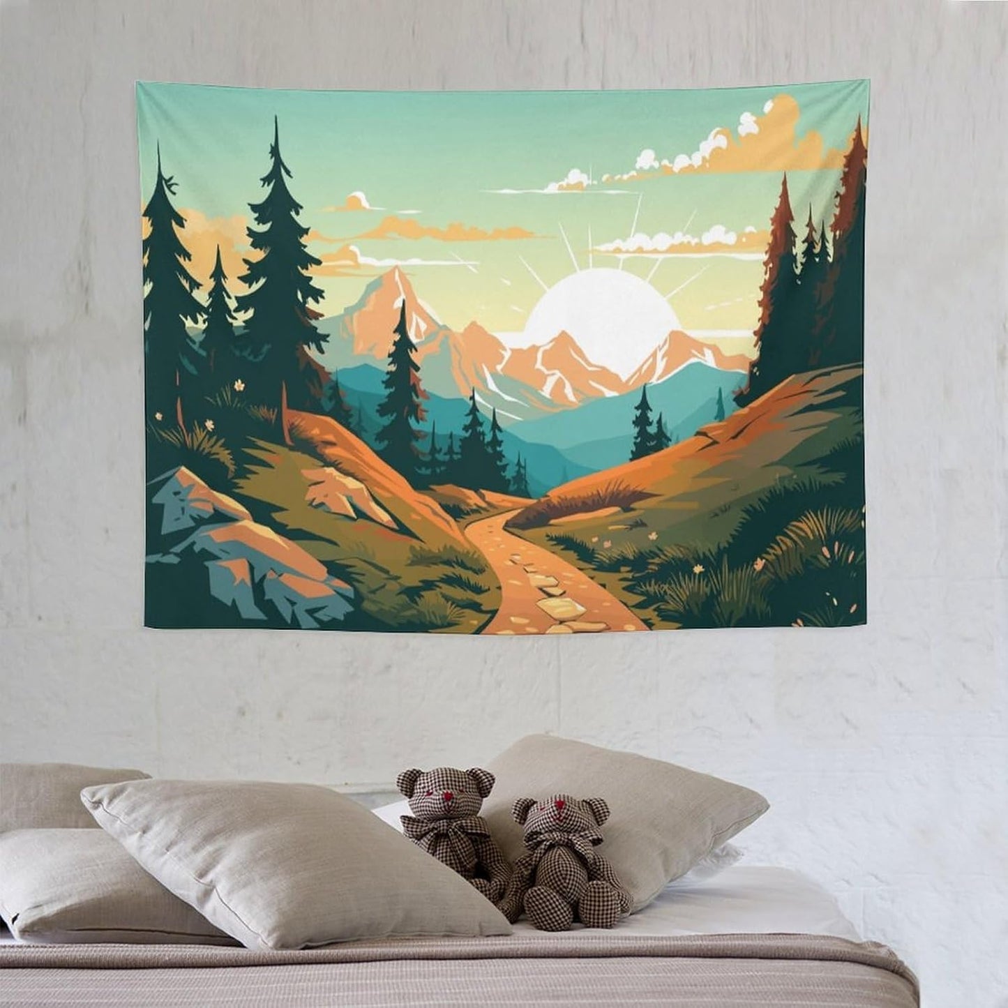 HZOHNAGO Mountain Tapestry Forest Mountain Sunrise Road Pattern Printed Wall Tapestry Wall Hanging for Bedroom Living Room Dorm 40" W x 30" H