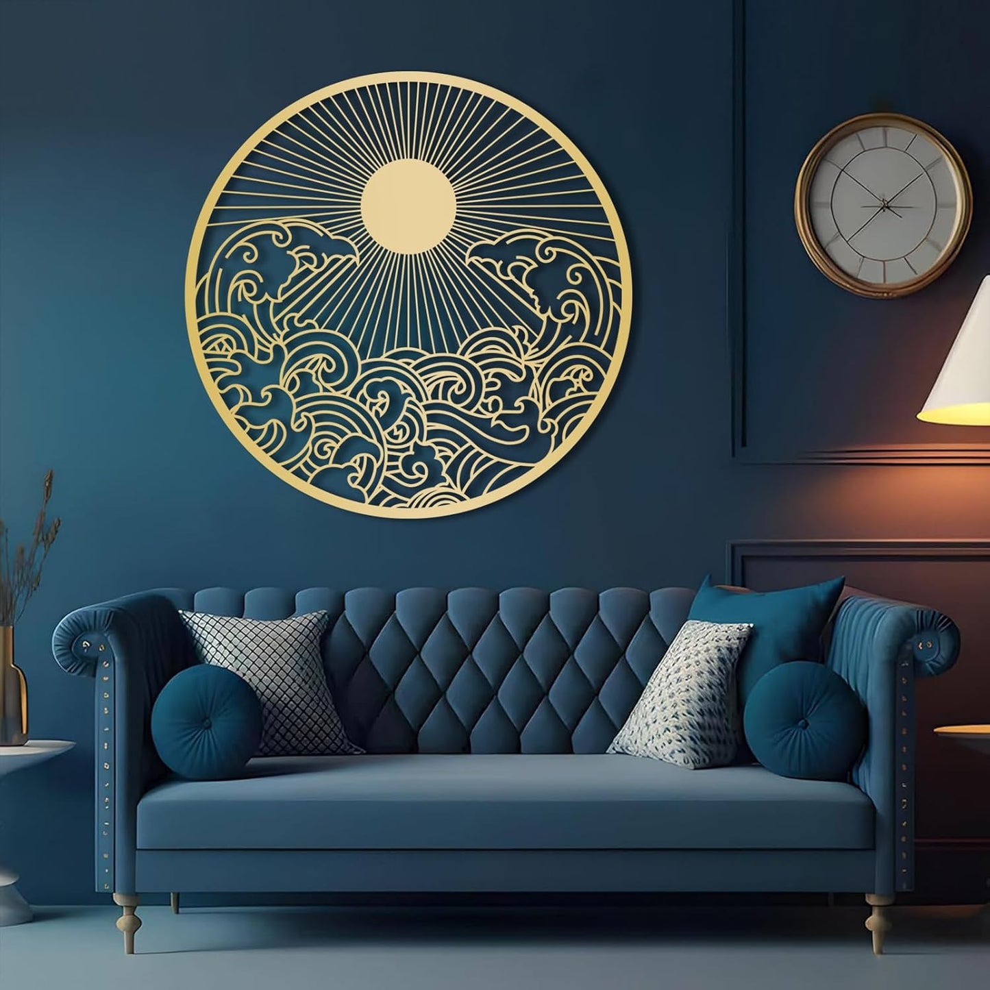 flyoak Metal Sun Wall Decor Outdoor, Sunrise Metal Wall Art, Metal Wave Wall Art, Sunrise and Wave Wall Decor, Sunburst Wall Art, Sunset Wall Art, Wall Hangings for Bedroom (Black, 35x35in|90x90cm)