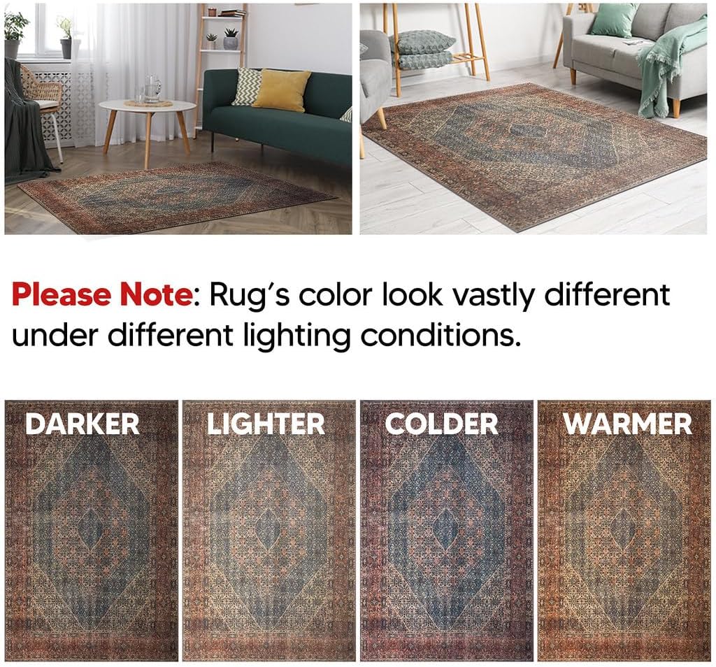 Keen Home Design 6x9 Rug - Machine Washable Area Rug with Non-Slip Backing, Ideal for Living Room, Dining Room, Bedroom - Vintage, Easy Clean, Durable, Low Pile Rug - (6' x 9')