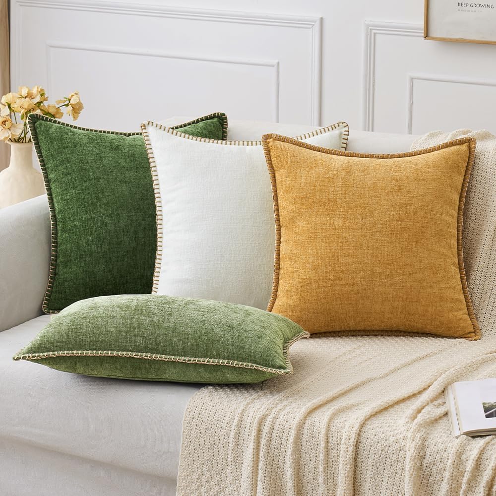 MIULEE Pack of 2 Christmas Pillow Covers 24x24 Inch Moss Green Farmhouse Decorative Throw Pillow Covers with Stitched Edge Soft Chenille Solid Dyed Couch Pillow Covers for Sofa Bed Living Room