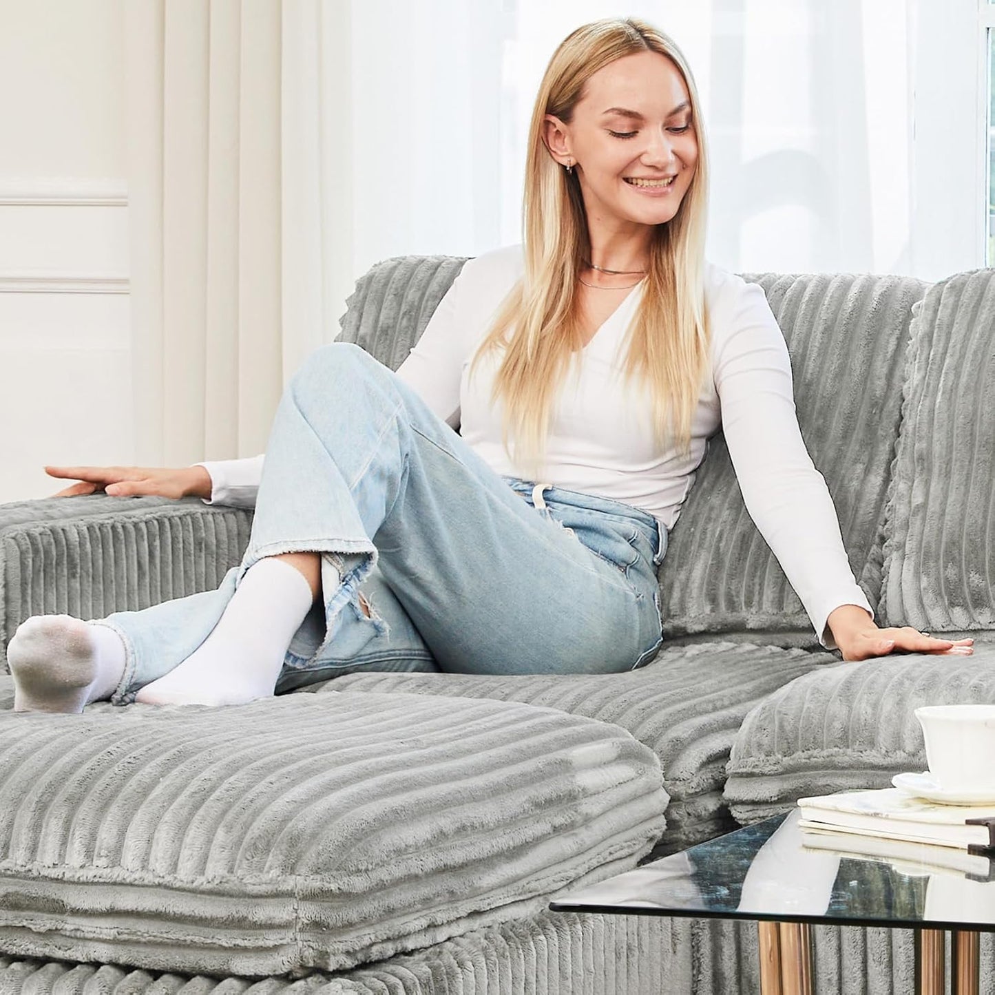 Belffin Modular Sectional Sofa with Sleeper Sofa, Oversized Cloud Couch with Extra Deep Seat, Upholstered 9 Seat Sectional Couches for Living Room, Plush Corduroy Light Grey