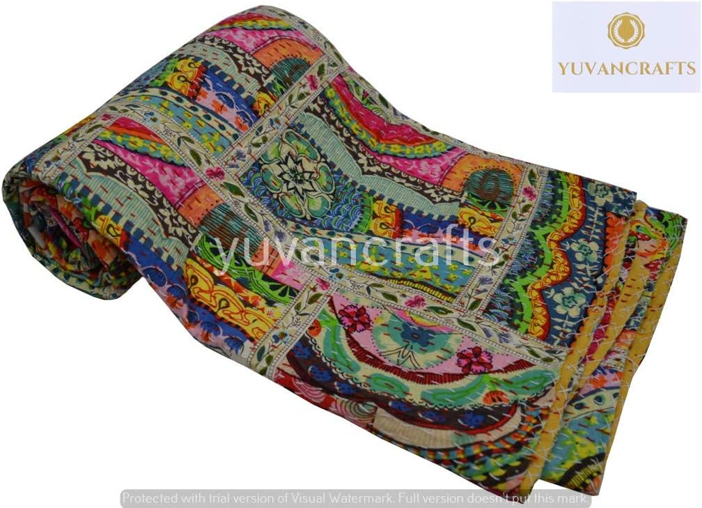 YUVANCRAFTS Patchwork Cotton Kantha Quilt - Indian Traditional Handmade Bedding Vintage Multi Color Quilt Blanket (Queen (90"x108"), Multi Patch 1)