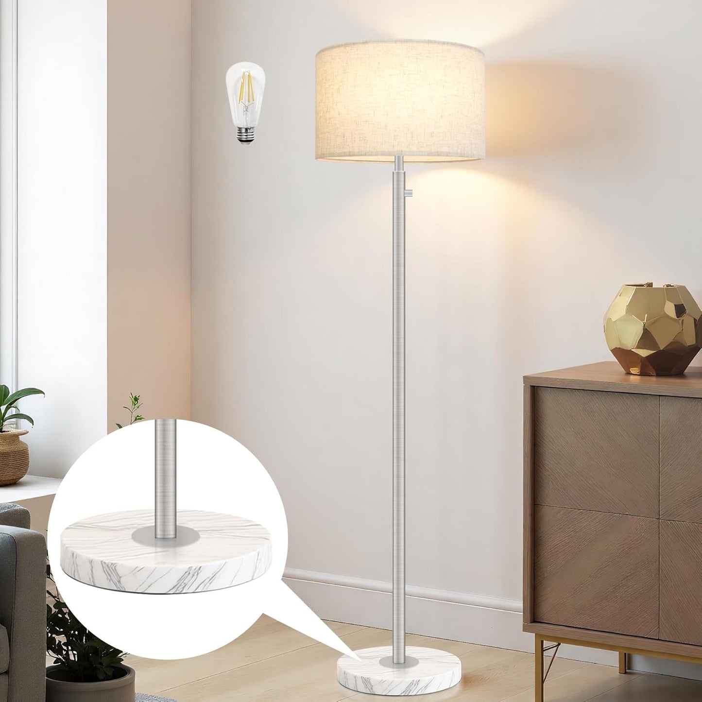 Floor Lamp for Living Room,Dimmable Gold Floor Lamp,Modern Standing Lamp with Marble Base,Tall Standing Lamp for Bedroom, Reading,Office & Kids' Room,LED Bulb Included(Brown)