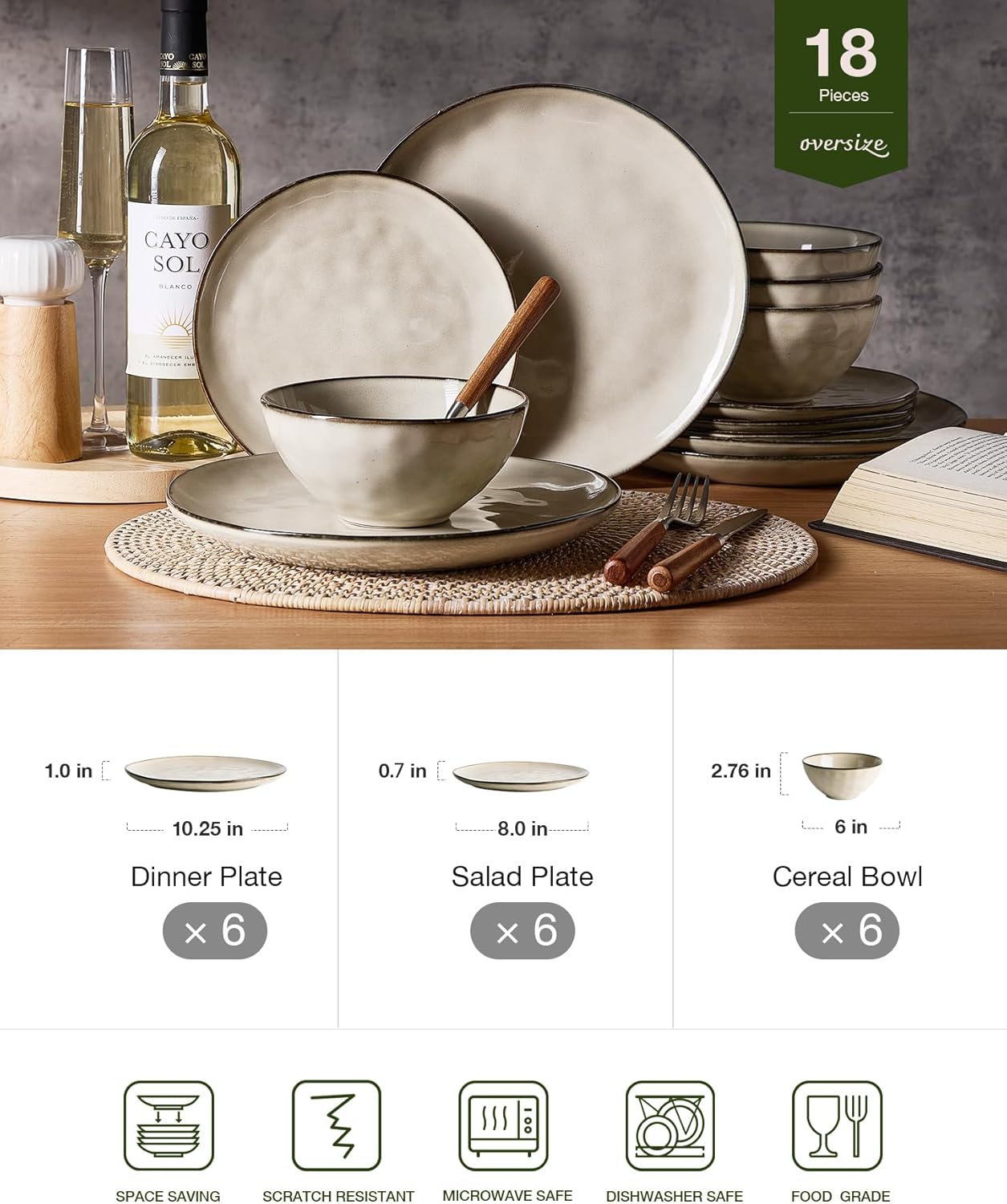 Famiware Dinnerware Sets for 6, Ocean Round 18-Piece Kitchen Plates and Bowls Sets, Microwave and Dishwasher Safe, Scratch Resistant, Light khaki