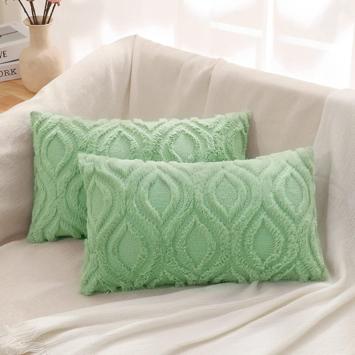 decorUhome Throw Pillow Covers 12x20 Inch Set of 2, Soft Plush Decorative Faux Fur Sage Green Solid Couch Pillow Covers, Accent Farmhouse Neutral Lumbar Euro Pillow Cases for Sofa Bed Living Room