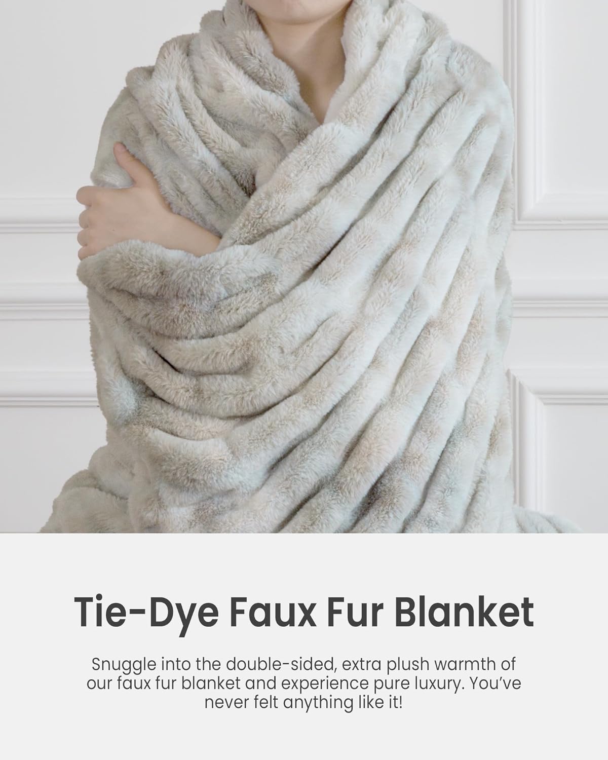 Faux Fur Blanket, Twin Size Oversized Throw Blanket for Couch, Fluffy Blanket with Stretch Ruched Design, Ultra Soft Giftable Home Decor, 60x80 inches, Tie-Dyed in White and Gray