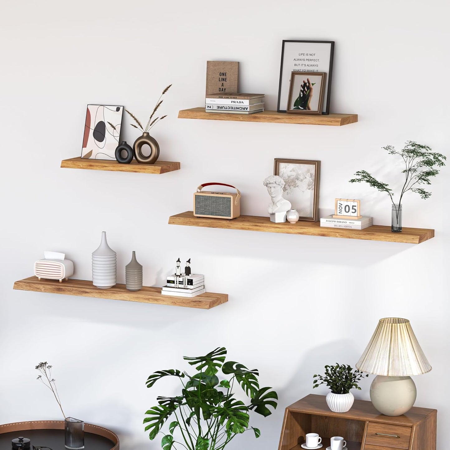 Floating Shelves for Wall, 55"x9.3" Rustic Solid Live-Edge Elm Wood Wall Shelves, Heavy-Duty Floating Shelves with Invisible Brackets for Living Room, Bedroom, and Kitchen, Natural Finish