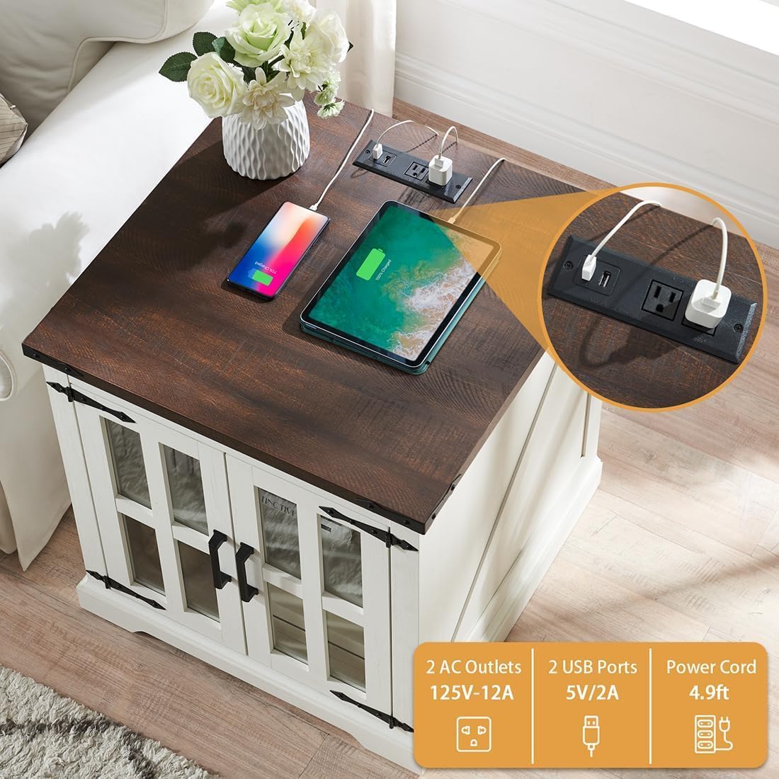 Farmhouse End Table with Charging Station,24" Large Sofa Side Table with Glass Barn Door, Rustic Wood Nightstand Bedside Table with Adjustable Storage Shelf for Living Room, Bedroom,White