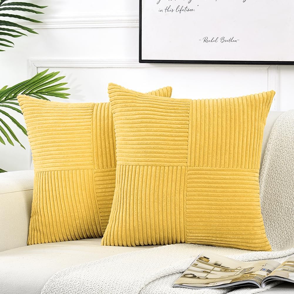 Fancy Homi 2 Packs Yellow Decorative Throw Pillow Covers 16x16 Inch for Living Room Couch Bed, Rustic Farmhouse Boho Home Decor, Soft Corss Patchwork Corduroy Textured Square Cushion Case 40x40 cm