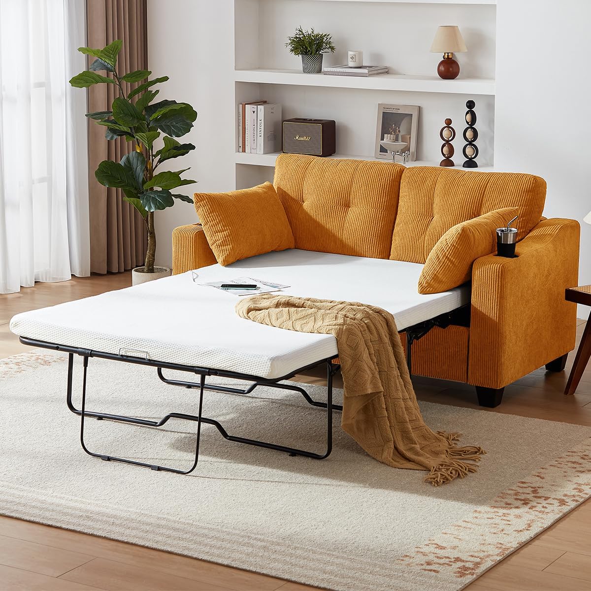 Pull Out Sofa Bed, Full Size Sleeper Sofa, 2-in-1 Convertible Corduroy Couch with USB Charging, Memory Form Couch for Living Room, Apartment and Small Space (Mustard Yellow, Corduroy - Full Size)