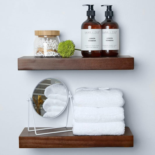 Homeforia Walnut Floating Bathroom Shelves, High End Solid Real Wood 16 inch Small Floating Shelf for Wall Mounted, Dark Brown 16inch Floating Shelves, Heavy Duty Bracket, 16 X 6.5 X 1.75 in, Set of 2