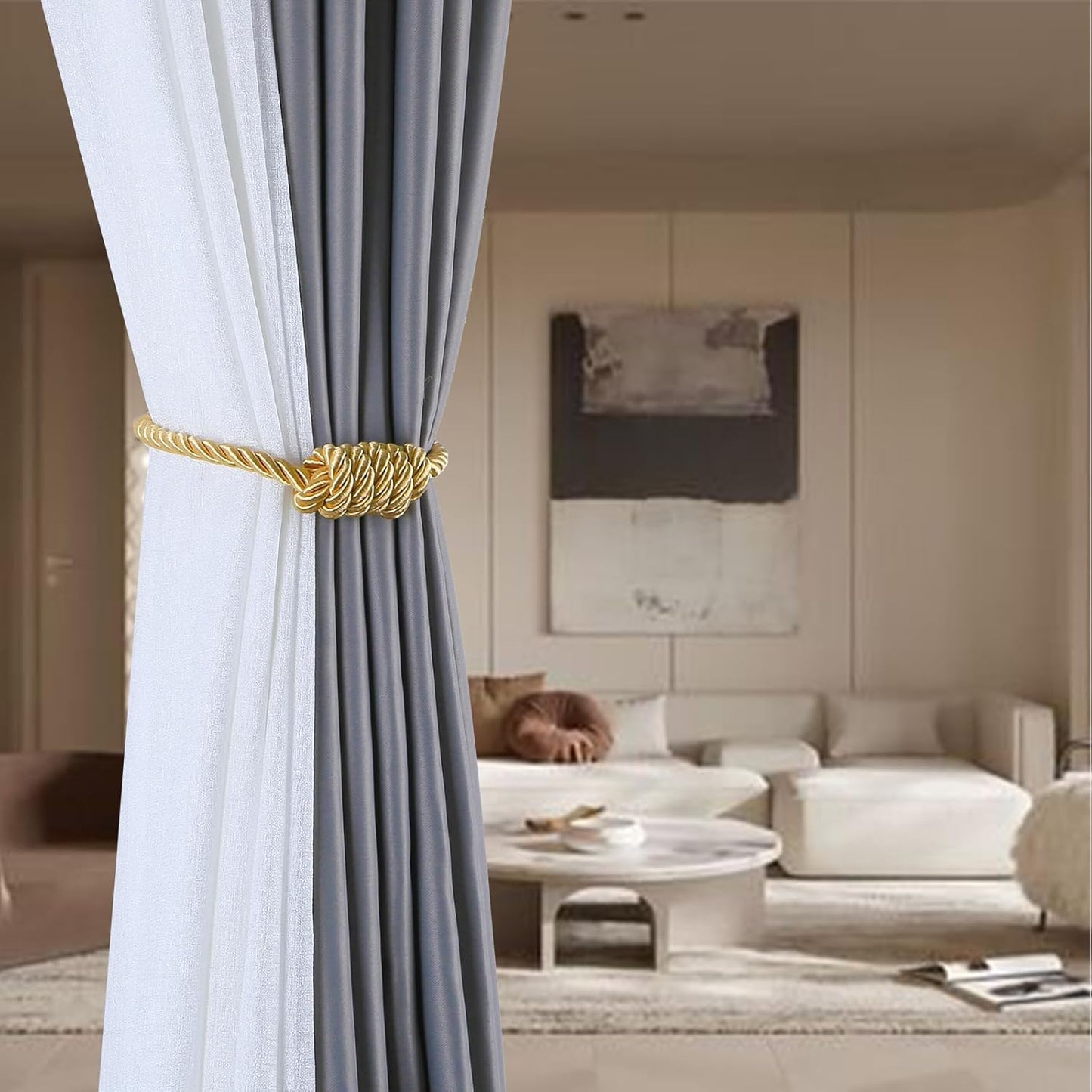 Fenghuangwu 4Pack Magnetic Curtain Tiebacks – Bohemian Style Handmade Woven Tie-Backs for Drapes,Elegant Exquisite Knot Holdbacks,Outdoor Boho & Modern Home Decor（Gold