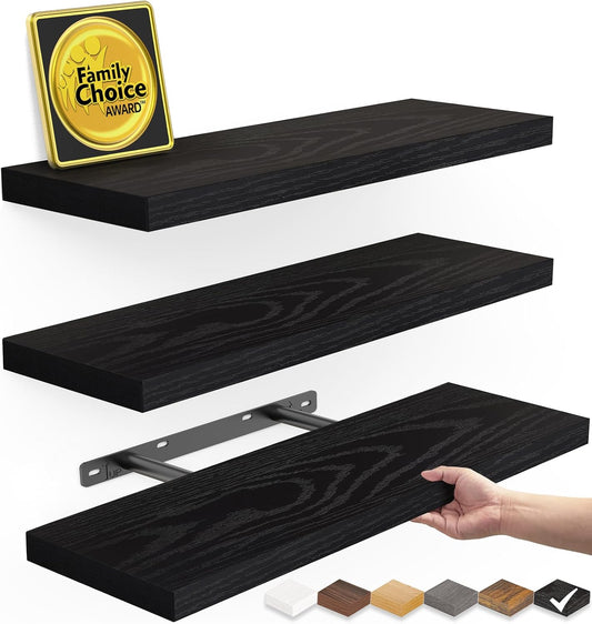 BAYKA Floating Shelves for Wall, Wall Mounted Rustic Wood Shelves for Bathroom, Bedroom, Living Room, Kitchen, Hanging Shelf for Books/Storage/Room Decor with 22lbs Capacity (Black, Set of 3, 15.7in)