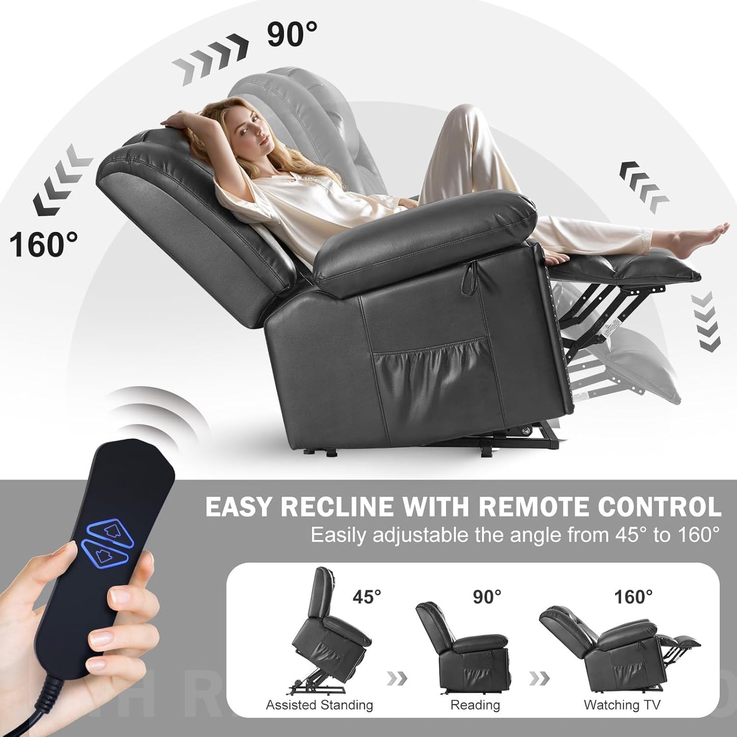 Electric Power Lift Recliner Chair for Elderly with Heat & Massage, Breathable Leather Large Reclining Chairs w/2 Concealed Cup Holders for Seniors Home Living Room,Set of 2,Grey
