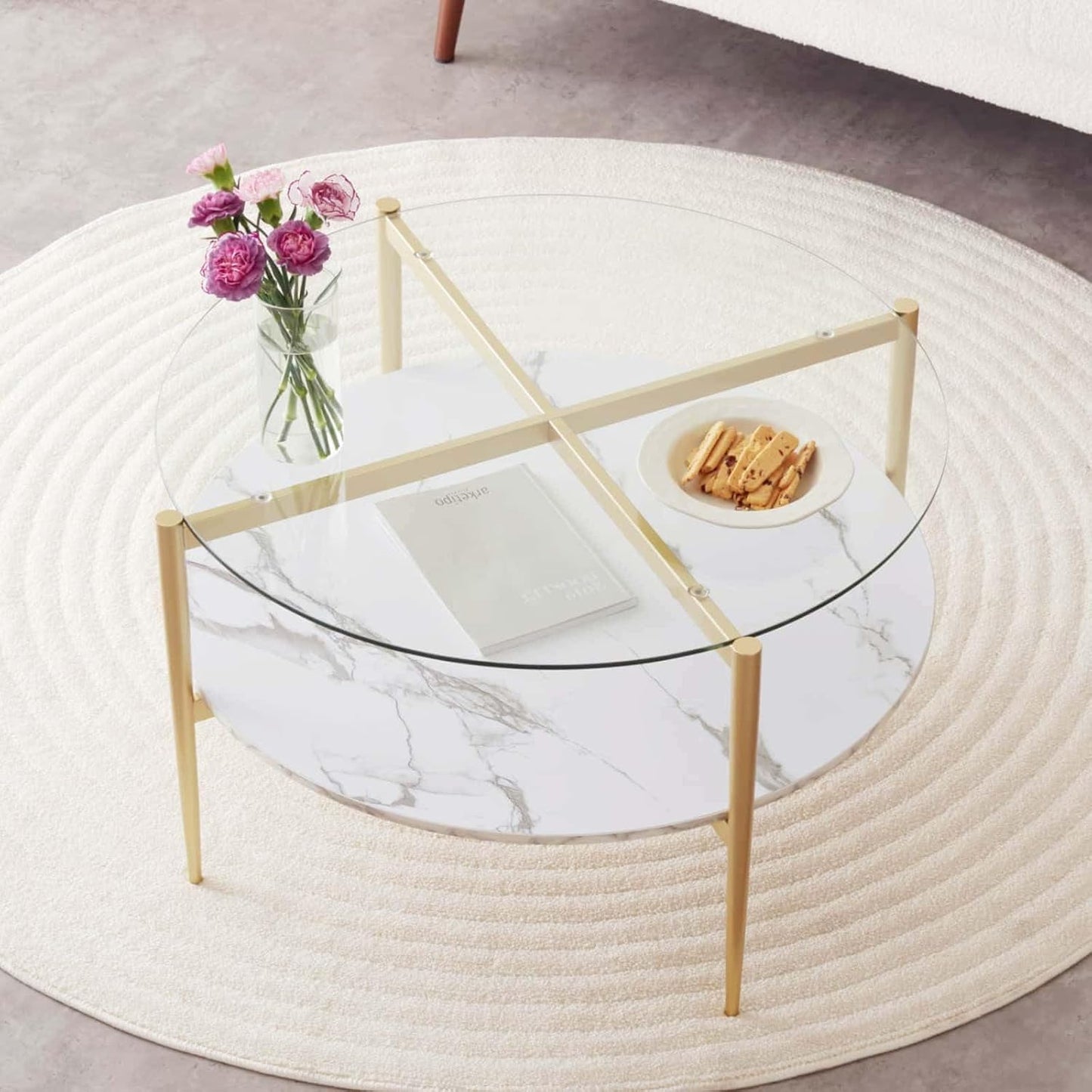 Round Coffee Table for Living Room, Mid-Century Modern Design, D30 x H17, 2-Tier Structure, Clear Glass Top and White Marble Finish Wood Shelf, Sleek Conical Metal Legs with Gold Finish Frame