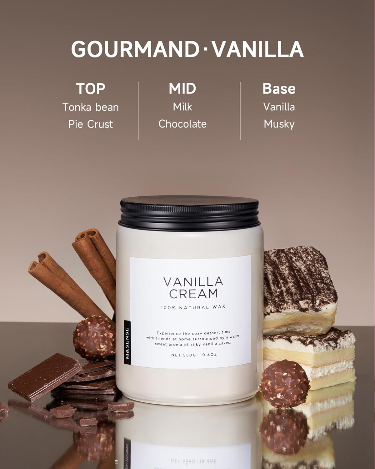 M&SENSE Vanilla Soy Candles, Large 2 Wick Jar Candle 19.4oz, 110 Hours Burning Time, 100% Natural Organic Soy Wax, Relaxing Aromatherapy Scented Candle, Housewarming Gift for Women and Men
