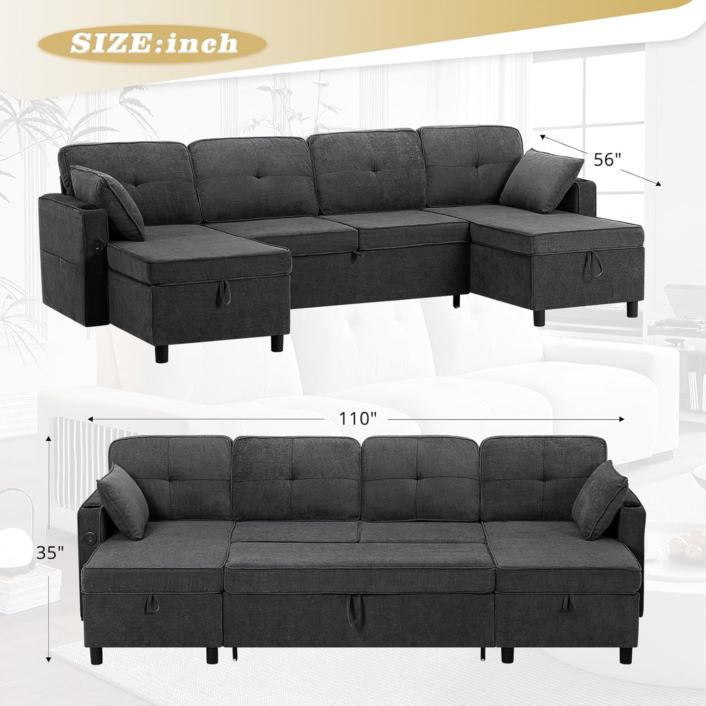 110 Inches Chenille Sectional Sofa w/Adjustable Back & Pull Out Sofa Bed, Tufted U Shaped Couch w/Two Storage Chaises, Sleeper Sectional Sofa w/USB Port & Cup Holders for Living Room, Grey