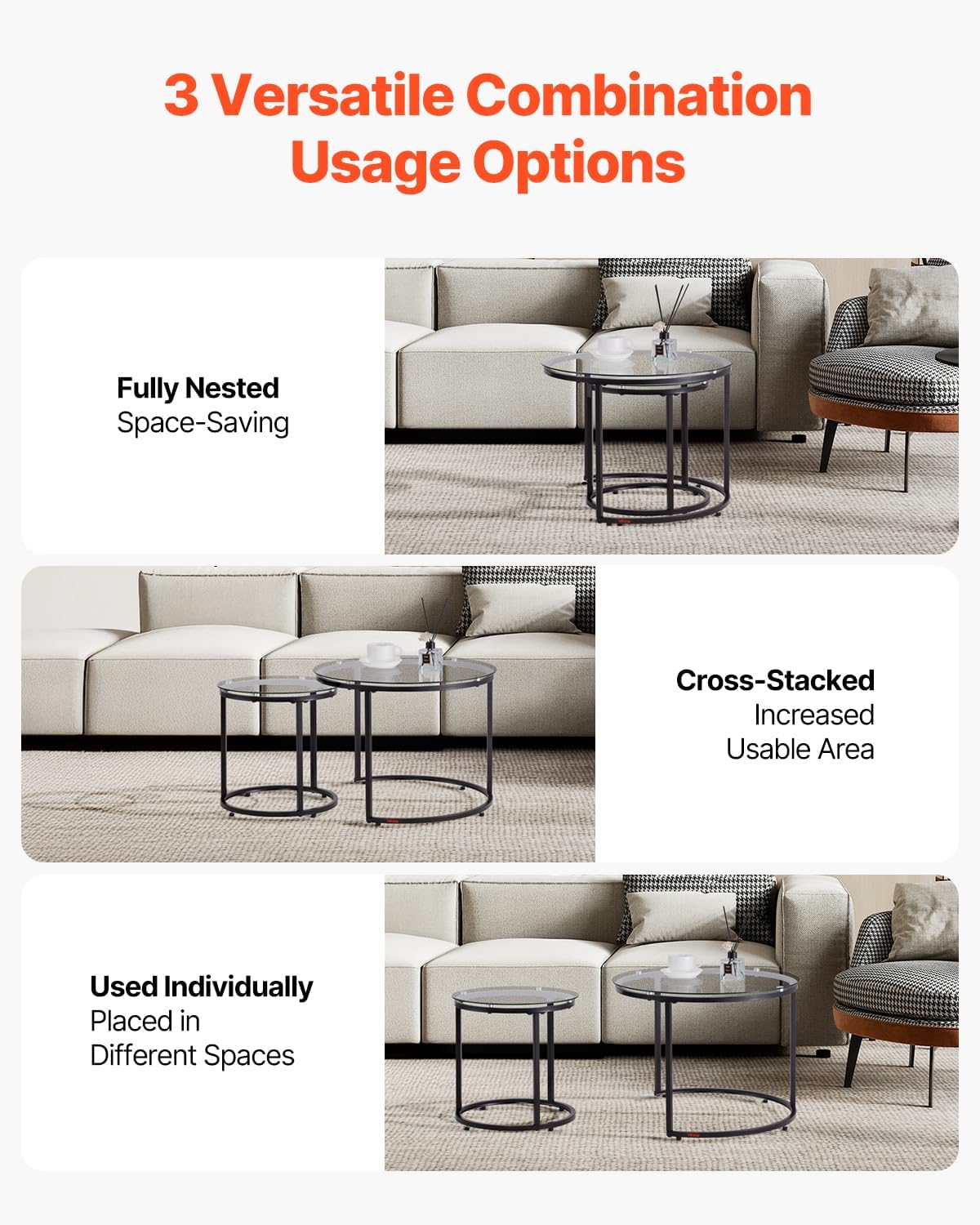 VEVOR Nesting Tables, Glass Coffee Table Set of 2, 23.6 inch Round Coffee Table, Small Coffee Tables Night Stand with Metal Frame, for Living Room, Bedroom, Office