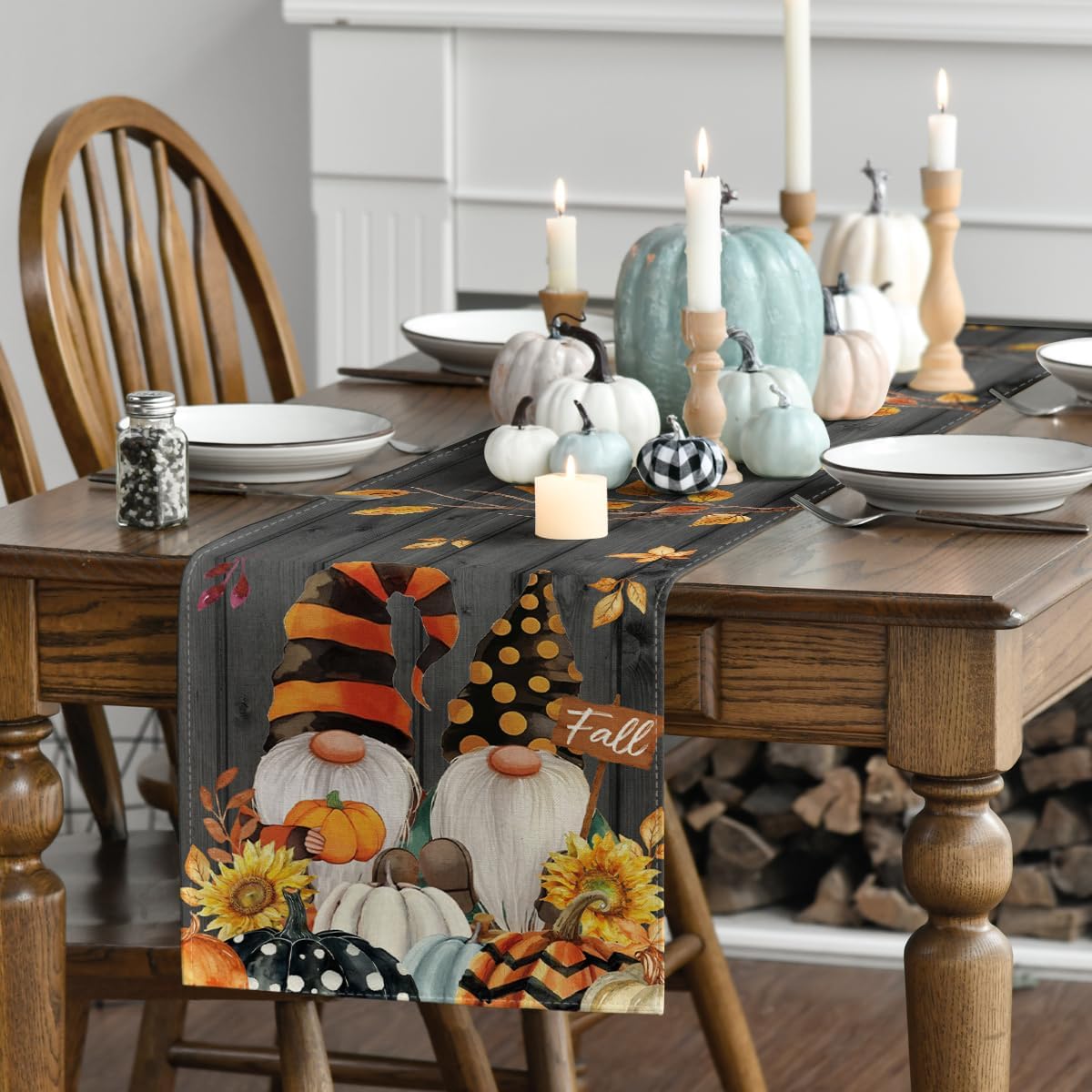 Artoid Mode Gnomes Pumpkins Sunflower Leaves Fall Table Runner, Seasonal Autumn Kitchen Dining Table Decoration for Home Party Decor 13x120 Inch