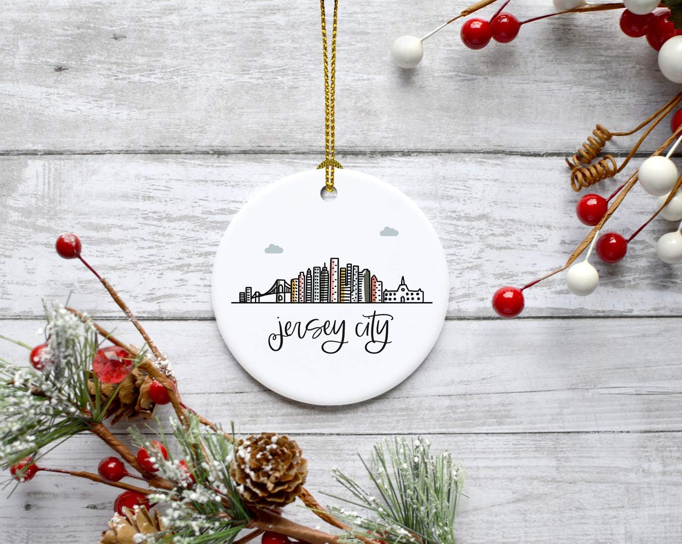 Andaz Press Round Ceramic Porcelain Christmas Tree Ornament Keepsake Gift, Jersey City, Colorful City Skyline Graphic, 1-Pack, Birthday Ideas Family Coworker Him Her, Includes Gift Box