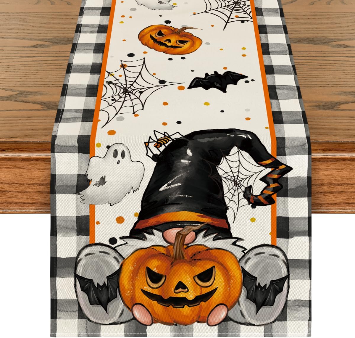 Artoid Mode Buffalo Plaid Gnome Bat Pumpkin Ghost Halloween Table Runner, Sensonal Kitchen Dining Table Decor for Home Party 13x60 Inch