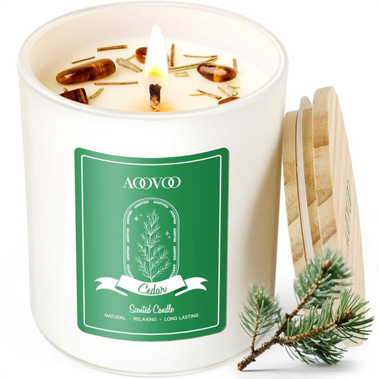 AOOVOO Cedar Scented Candles for Women - Aromatherapy Candle with Crystals Inside, 10oz Soy Candles for Home Scented, Birthday Gifts Candle for Women Mom