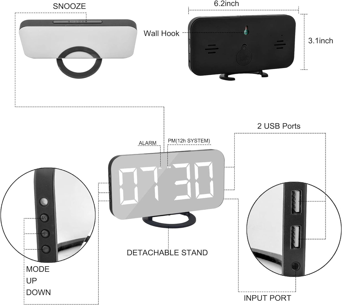 Digital Clock Large Display, LED Alarm Electric Clocks Mirror Surface for Makeup with Diming Mode, 3 Levels Brightness, Dual USB Ports Modern Decoration for Home Bedroom Decor-Black