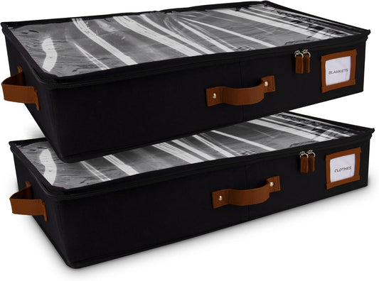 HOMELUX THEORY 2pc Under Bed Storage Containers, Bedroom Under the Bed Drawer Storage Organizer with Bins and Lids, Medium Underbed Clothes Storage Box Ideal for Blanket, Fabric, & Shoes (Black)