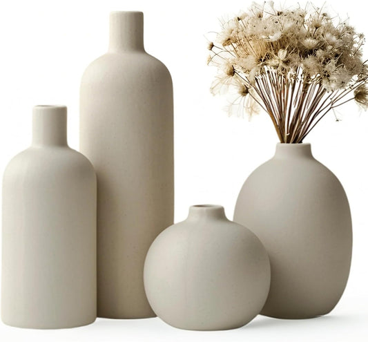 Modern Ceramic Vase Set, Neutral Colors, Decorative Vases for Home Decor, 4 Piece Collection (Beige)