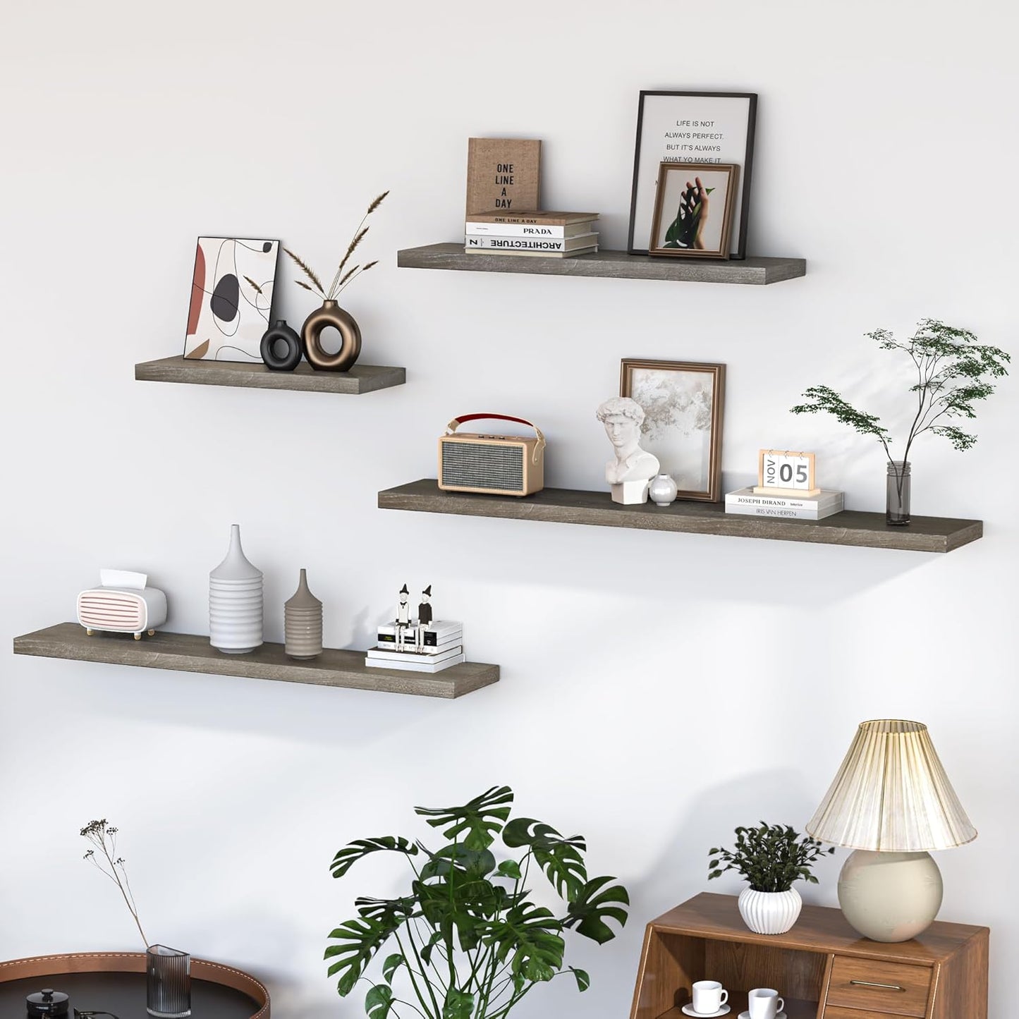 Fun Memories Floating Shelves for Wall, 55"x9.3" Rustic Solid Elm Wood Shelves, Heavy-Duty Wall Mounted Shelves with Invisible Brackets, Set of 2 for Living Room, Bedroom, Kitchen, Grey Finish